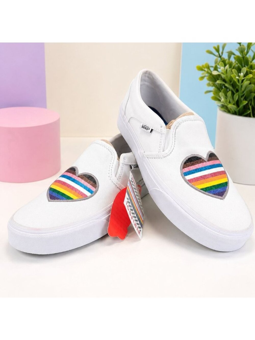 Vans Asher Slip-On Sneakers Womens Size 7 Pride White Glitter Shoes - NEW